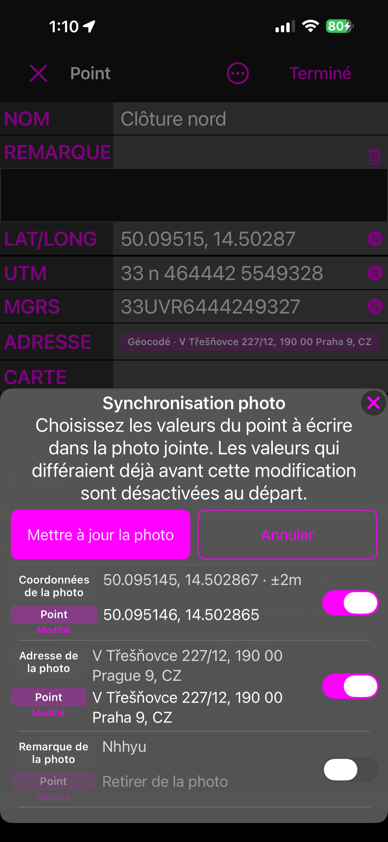 La feuille en mode tout mettre à jour, avec une ligne dont la valeur du point indique Retirer de la photo et dont l’interrupteur est désactivé