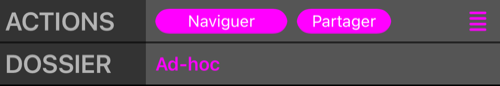 La ligne ACTIONS avec Naviguer, Partager et son bouton d&rsquo;options, et la ligne DOSSIER indiquant la collection du point
