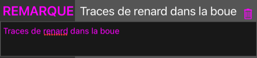 La ligne REMARQUE ouverte, la remarque dans un champ multiligne en dessous, et un bouton corbeille sur la ligne