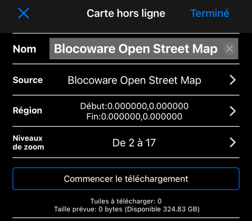 L’écran « Carte hors ligne » : le nom, Blocoware Open Street Map comme source, la région, les niveaux de zoom de 2 à 17, « Démarrer le téléchargement » et le nombre de tuiles avec la taille prévue