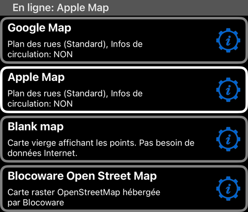 La liste « Cartes » avec Google Map, Apple Map, Blank map et Blocoware Open Street Map, avec sa taille de cache et son nombre de tuiles