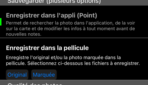 Les destinations d&rsquo;enregistrement ; les copies qui quittent l&rsquo;app ont chacune leur choix entre Original et marquée