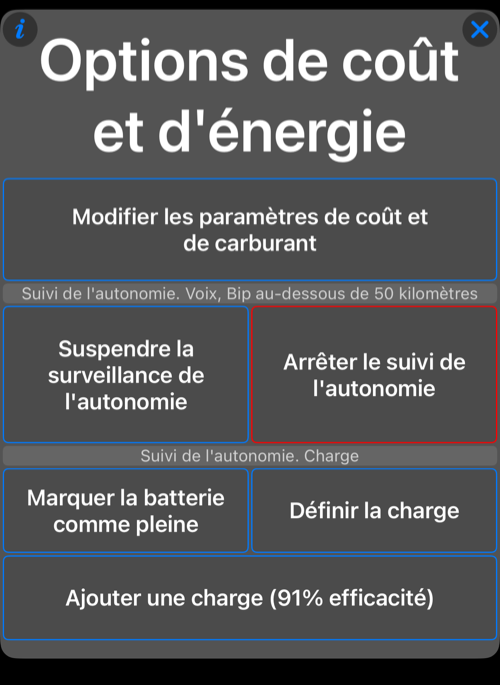 Menu des actions de charge VE