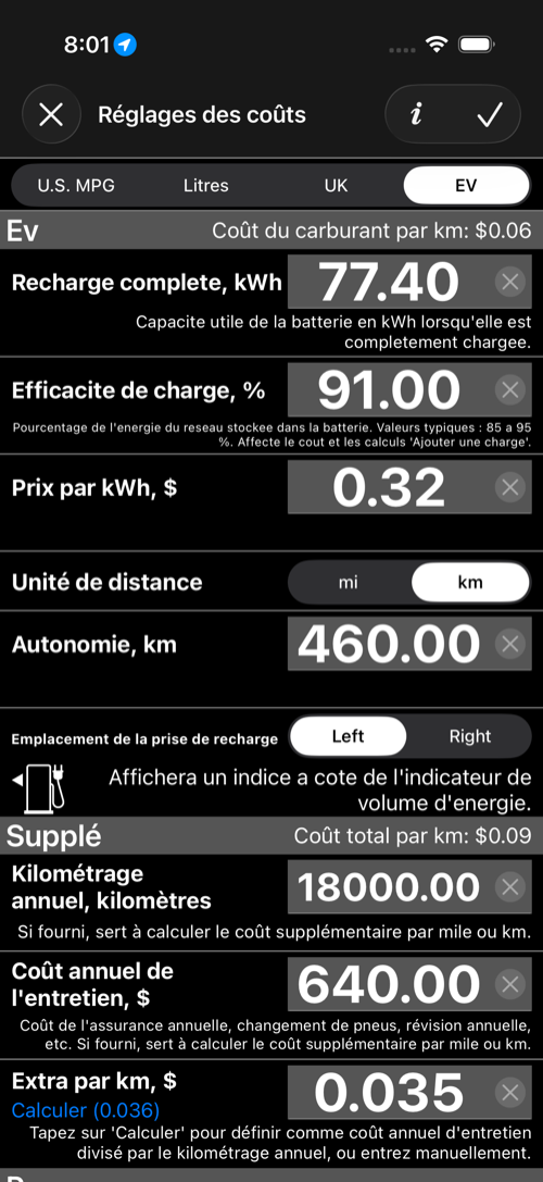 Écran des réglages de coût VE