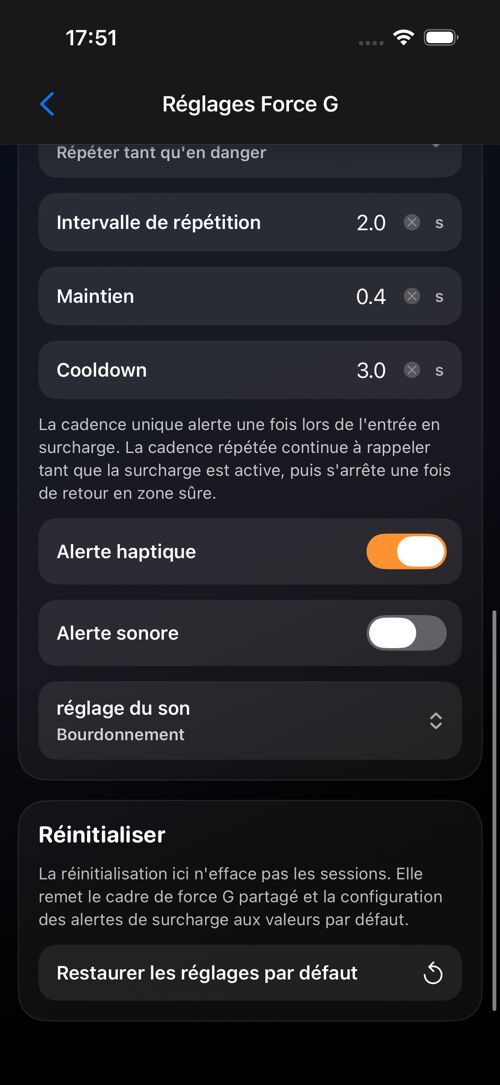 Écran de paramètres Force G