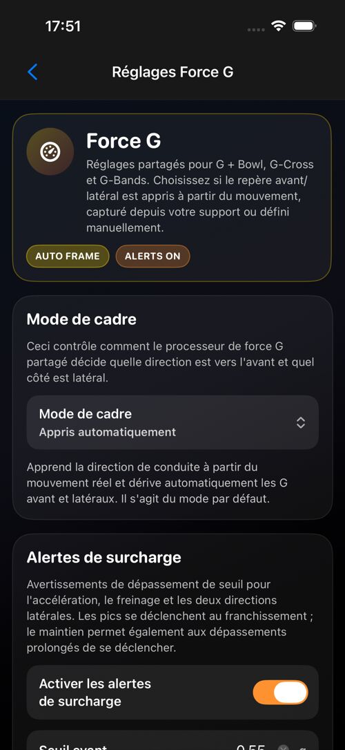Écran de paramètres Force G