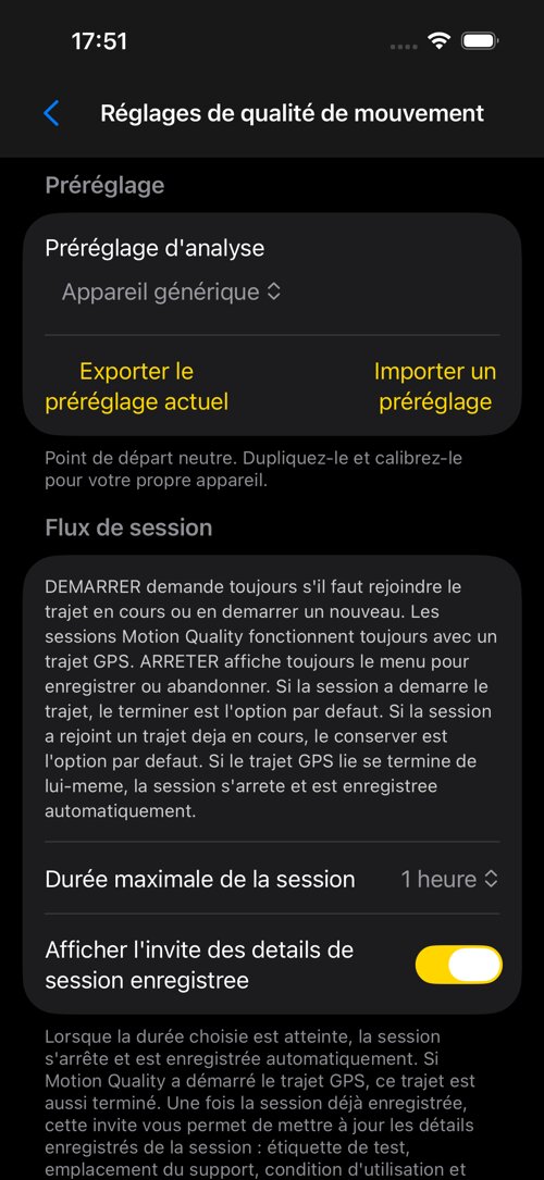 Écran des réglages de Qualité de mouvement
