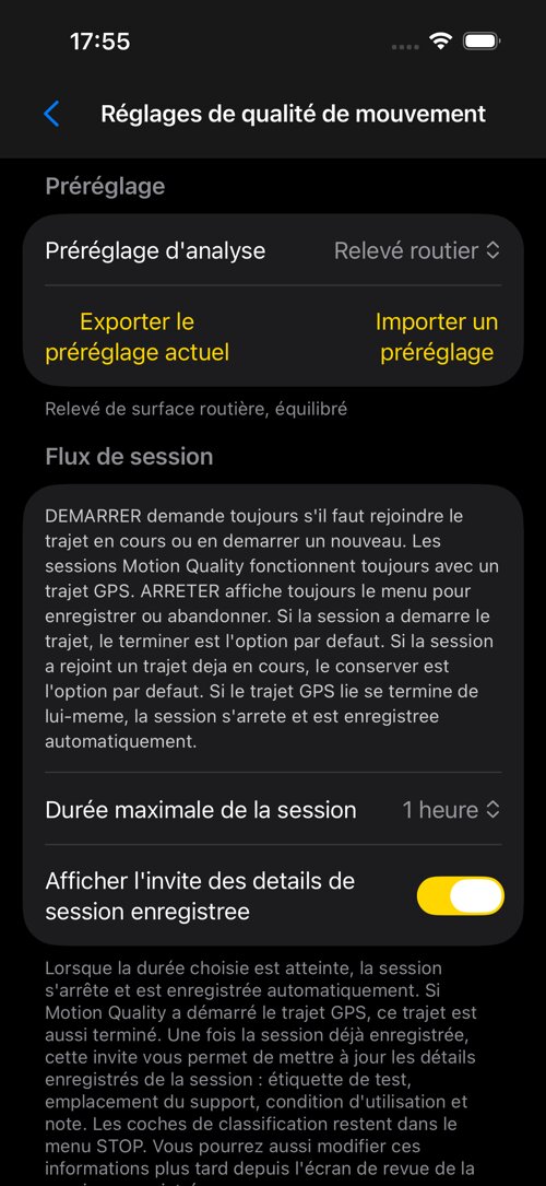 Écran des réglages Relevé routier