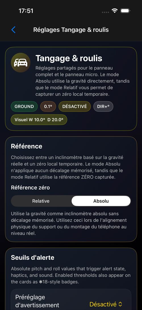 Écran des réglages Tangage & roulis