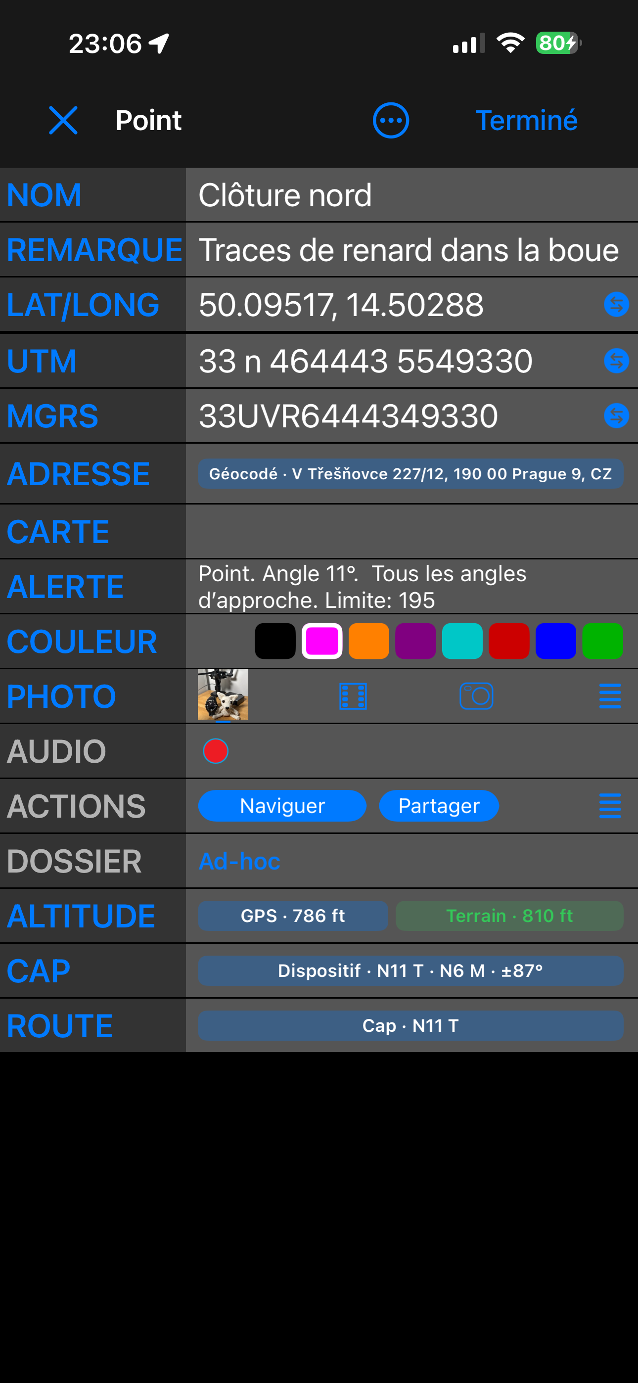 L&rsquo;éditeur de point en vue Avancée, avec Altitude, Cap et Direction en bas de la liste