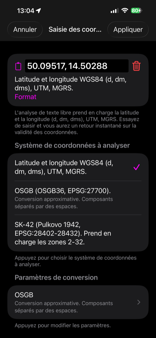 Le convertisseur de coordonnées ouvert depuis l&rsquo;éditeur de point, avec la latitude et la longitude du point dans le champ de saisie, la liste des formats reconnus, et Annuler et Appliquer dans la barre
