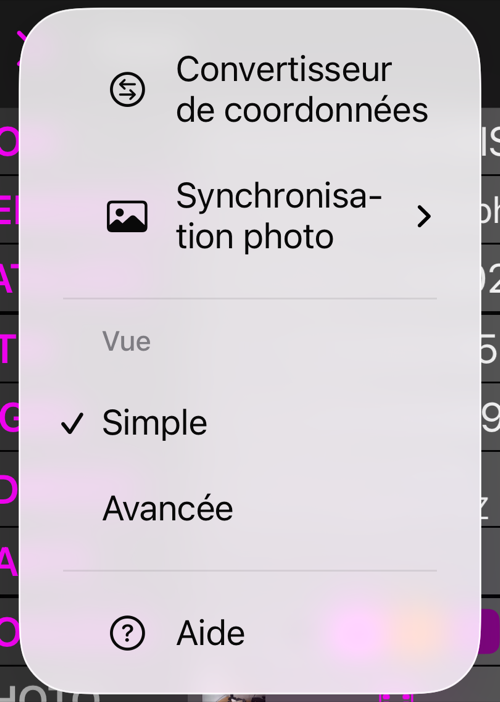 Le menu Plus de l&rsquo;éditeur de point : Convertisseur de coordonnées, Synchronisation photo, la section Vue avec Simple coché et Avancée en dessous, et Aide