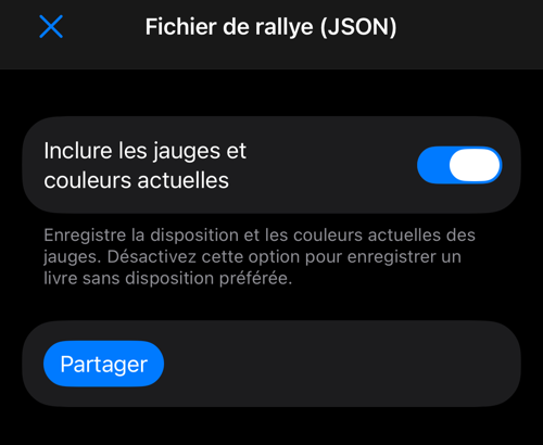 Export JSON avec l’option de jauges et le bouton Partager