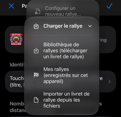 Menu de chargement depuis la bibliothèque, les rallyes enregistrés ou Fichiers