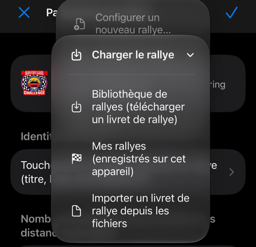 Menu de chargement depuis la bibliothèque, les rallyes enregistrés ou Fichiers