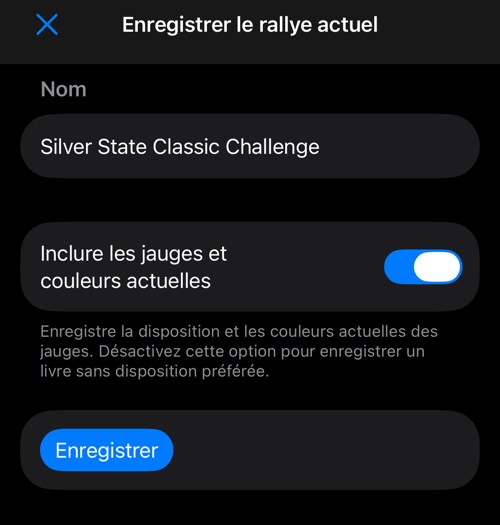 Enregistrement du rallye avec son nom et l’option de jauges et couleurs