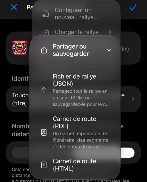 Menu de partage en JSON, PDF ou HTML