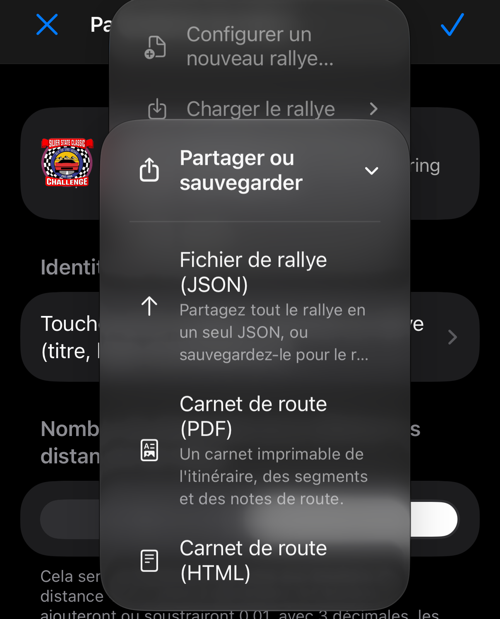 Menu de partage en JSON, PDF ou HTML