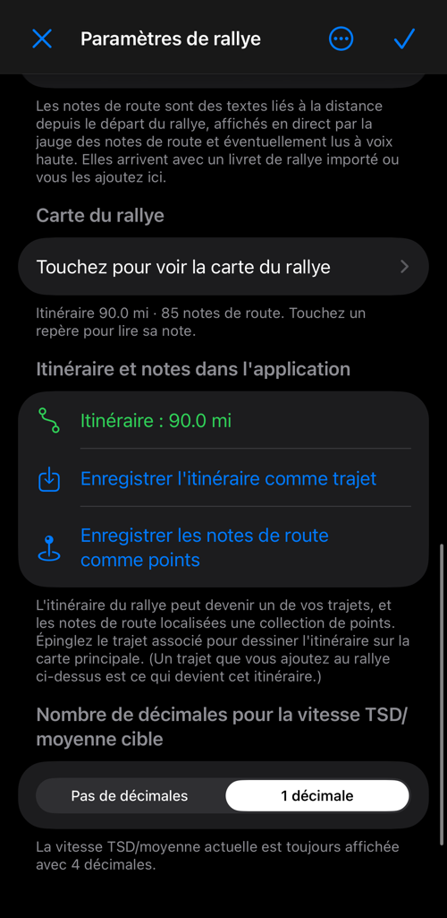 Paramètres de rallye affichant la longueur de l&rsquo;itinéraire, le trajet lié et l&rsquo;option de l&rsquo;afficher sur la carte principale