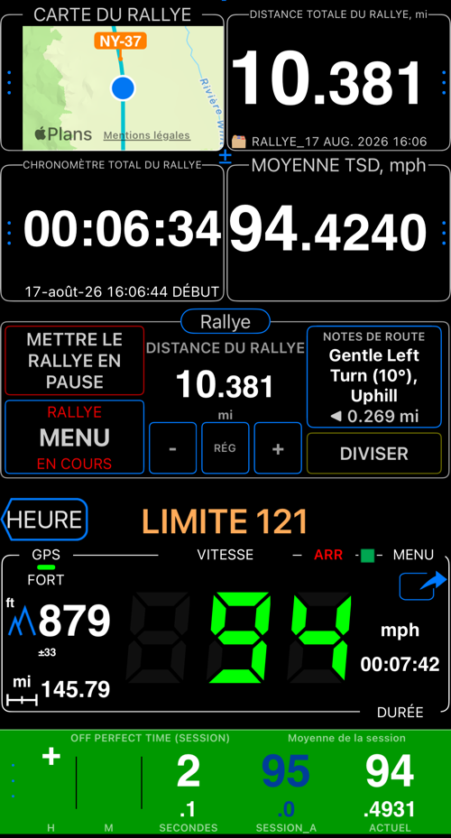 Le panneau de contrôle du rallye : jauge cartographique, distance et chronomètre du rallye, moyenne TSD, la note de route suivante et le temps hors temps parfait