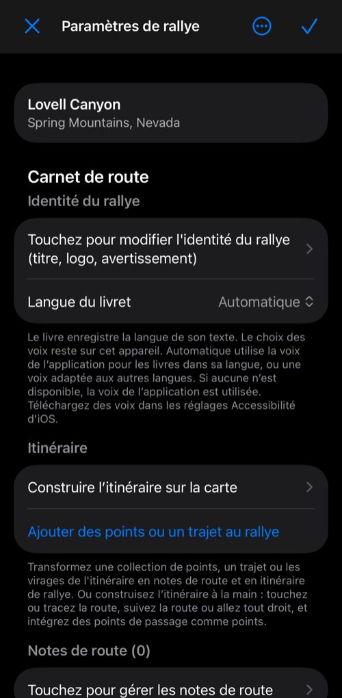 Paramètres de rallye : le groupe Carnet de route avec l’identité du rallye, la langue du livret, la section Itinéraire et les notes de route