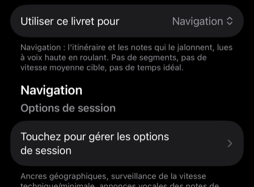 Utiliser ce livret pour réglé sur Navigation, avec les Options de session en dessous