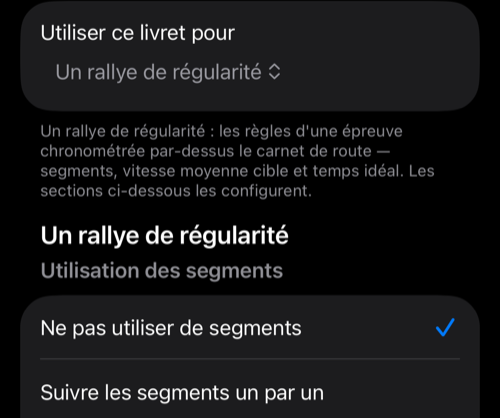Utiliser ce livret pour réglé sur Un rallye de régularité, avec l’Utilisation des segments en dessous