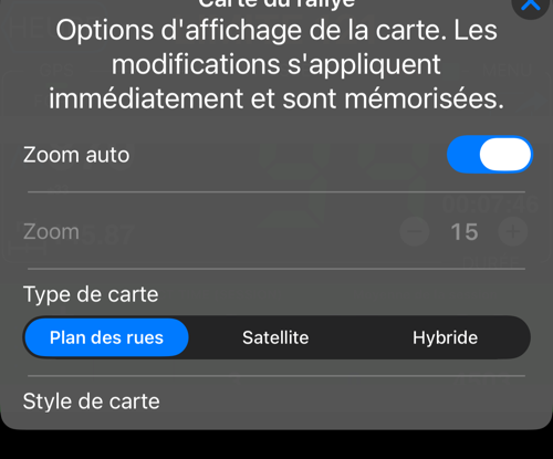 Options de la jauge cartographique du rallye : zoom auto, zoom, type de carte et style de carte