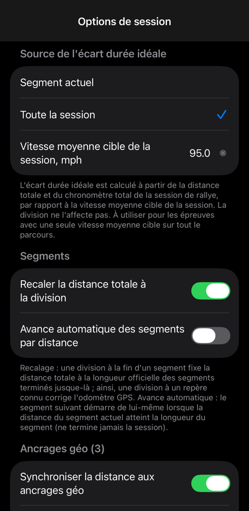 Options de session : source du temps hors temps parfait, comportement des segments et ancrages géo
