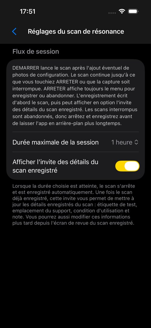 Écran des réglages Scan de résonance