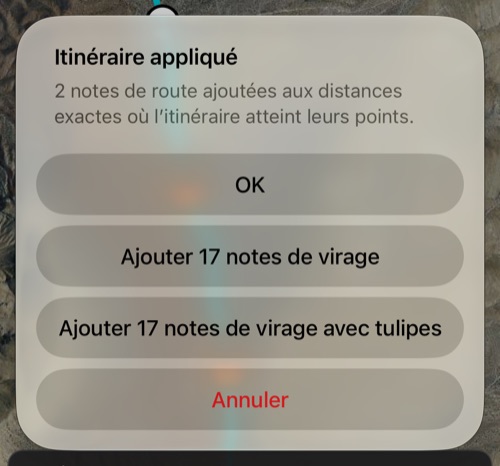 Le résumé après Appliquer : deux notes de route ajoutées à leurs distances exactes, la proposition d&rsquo;ajouter 17 notes de virage avec ou sans tulipes, OK et Annuler