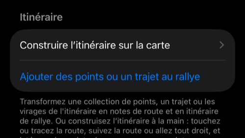 Paramètres de rallye : le groupe Carnet de route avec Construire l’itinéraire sur la carte et Ajouter des points ou un trajet au rallye dans la section Itinéraire