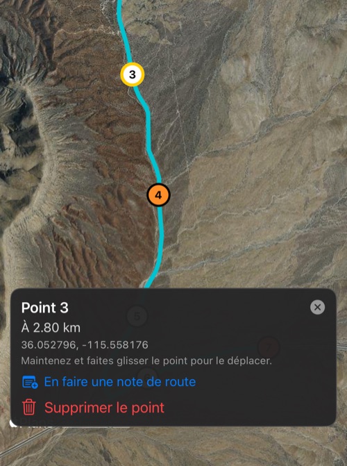 La fiche d&rsquo;un point avec sa distance, sa coordonnée, En faire une note de route et Supprimer le point