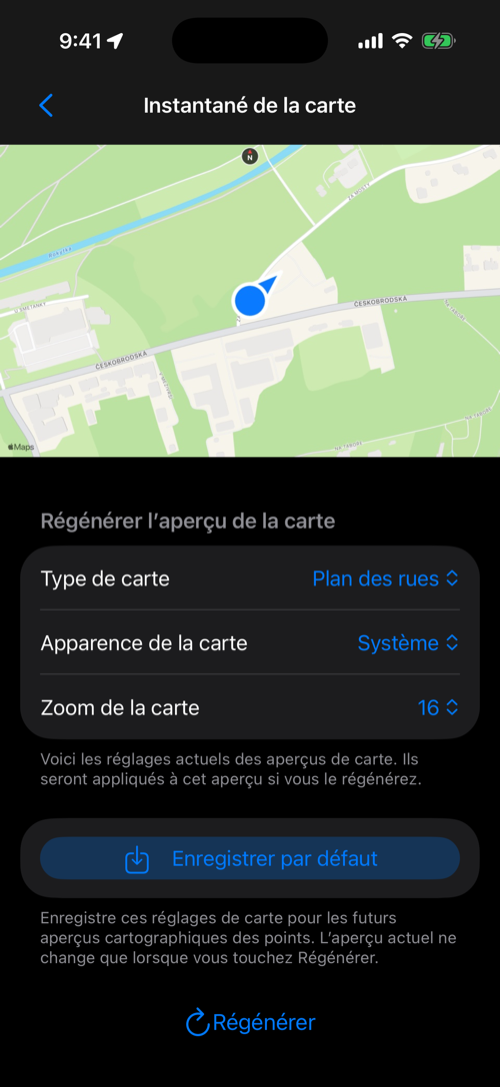 Instantané de carte agrandi avec Type de carte, Apparence de la carte, Zoom de la carte, Enregistrer par défaut et Régénérer