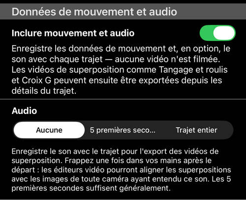 La section « Données de mouvement et audio » : l’interrupteur « Inclure mouvement et audio » activé et « Audio » sur « Aucune »