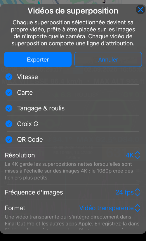 Options des vidéos de superposition pour un trajet : « Vitesse », « Carte », « Tangage & roulis », « Croix G » et « QR Code » sélectionnés, puis « Résolution », « Fréquence d’images » et « Format »