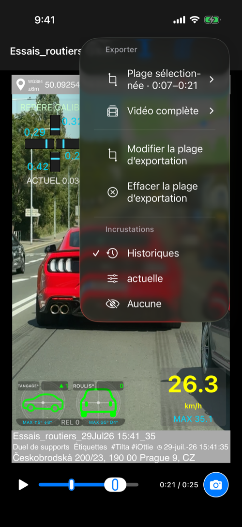 Menu d’exportation avec plage sélectionnée, vidéo complète et repères A–B