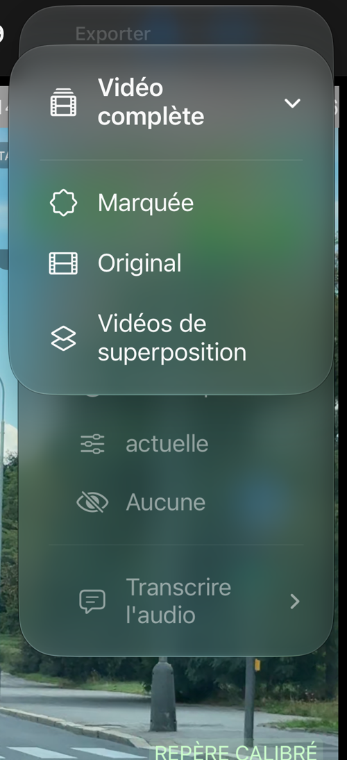 Le menu « Vidéo complète » d’un enregistrement, avec « Marquée », « Original » et « Vidéos de superposition »