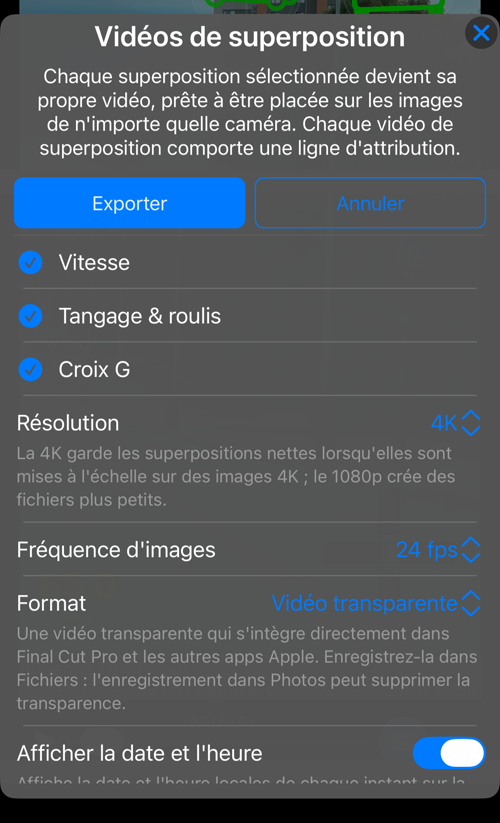 Options des vidéos de superposition : les superpositions disponibles dans cet enregistrement, toutes sélectionnées, et la ligne « Résolution »
