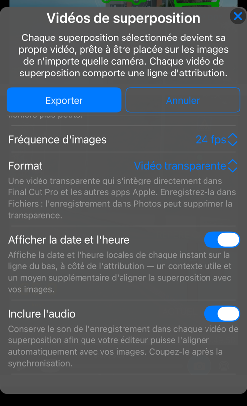 Les autres options : « Fréquence d’images », « Format » avec son explication, « Afficher la date et l’heure » et « Inclure l’audio »