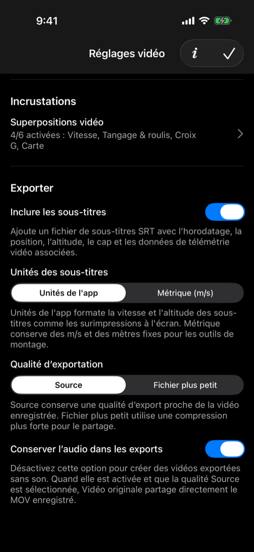 Superpositions vidéo et réglages d’exportation des sous-titres, de la qualité et du son