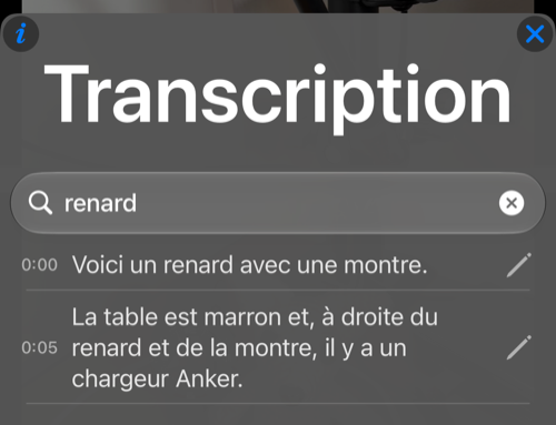 La recherche de renard affiche deux lignes correspondantes de la transcription avec leurs horodatages d’origine et leurs crayons de modification