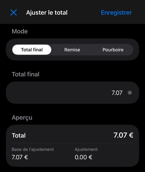 Ajuster le total en mode Total final, avec le sélecteur de mode, le champ du montant et l’aperçu