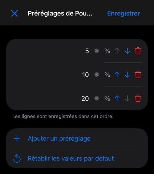 L’éditeur de préréglages de pourcentage avec trois lignes, Ajouter un préréglage et Rétablir les valeurs par défaut