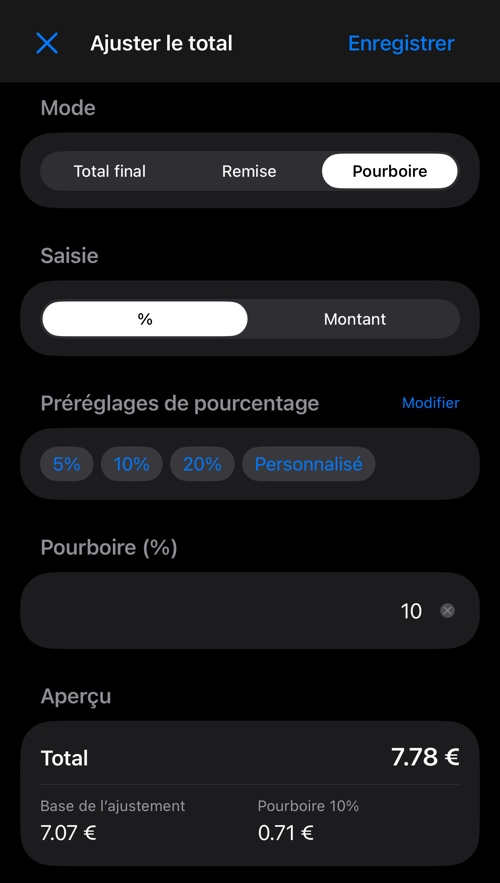 Mode pourboire avec les pourcentages prédéfinis, le champ de la valeur et l’aperçu