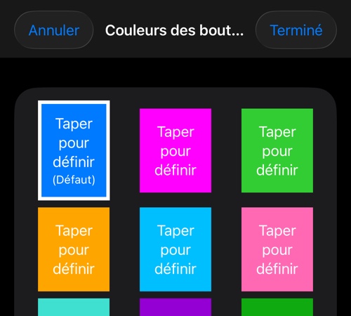 Le sélecteur de couleur des boutons de l’application