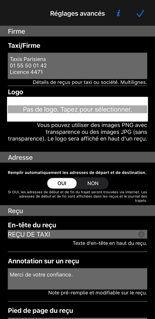 Haut des réglages avancés : le bloc société, le logo et l’interrupteur d’adresse