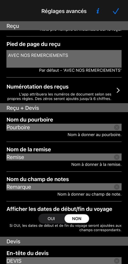 La rubrique reçu : en-tête, la note par laquelle commence chaque reçu, le pied de page fixe et la numérotation