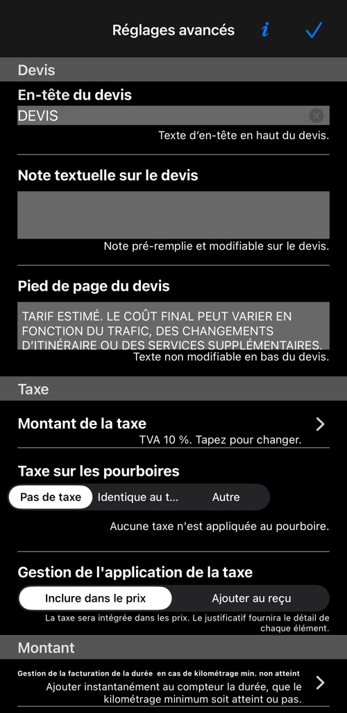 La rubrique devis et la rubrique taxe : taxe sur le tarif, taxe sur les pourboires, gestion de la taxe