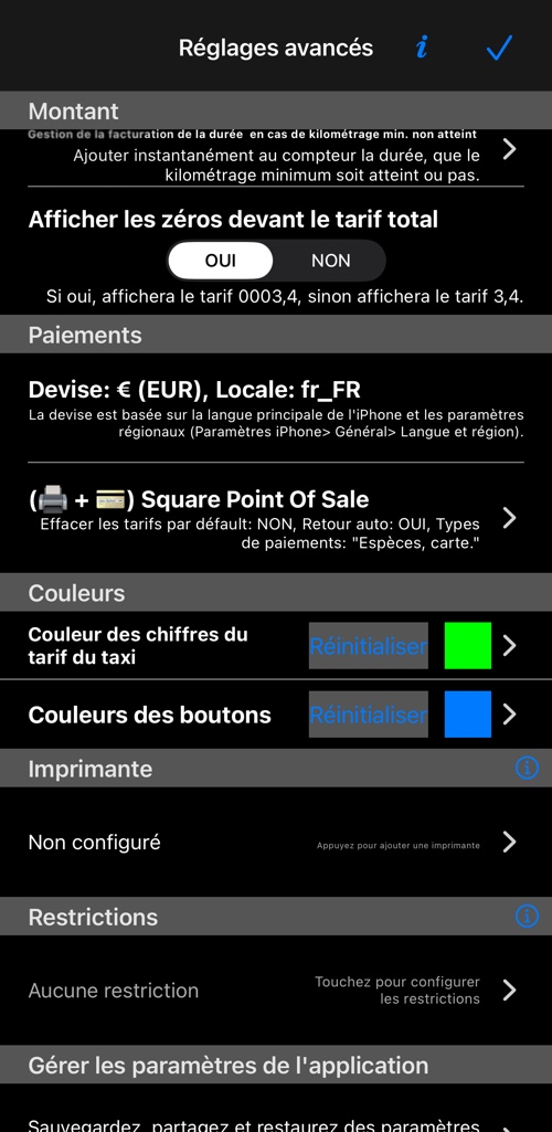 La fin de l’écran : tarif, paiements, couleurs, imprimante, restrictions et sauvegarde des réglages